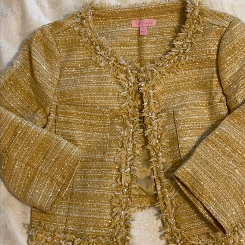 Lillly Pulitzer Gold pearl trim tweed 3/4 jacket